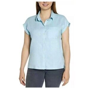 Orvis Women's Size Large Blue Linen Blend Button Short Sleeve Top Cap Sleeves